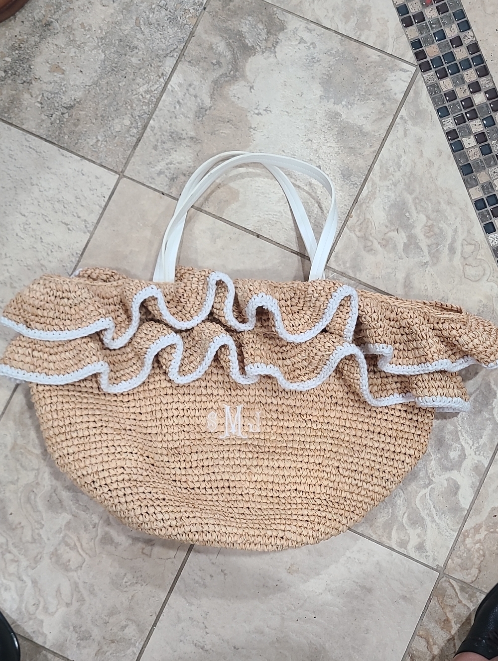 Mark & Graham Natural Straw Tote with White Ruffle Trim